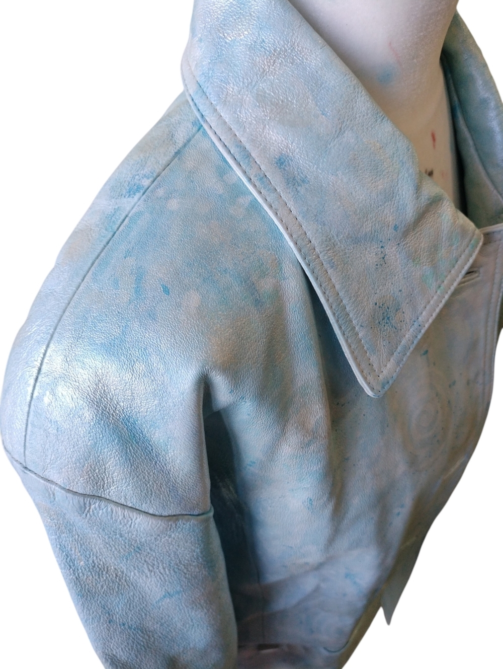 Vintage 80s BRAEFAIR Leather trench coat, Artsy Icy Blue wearable art, S 8 - Picture 2 of 14
